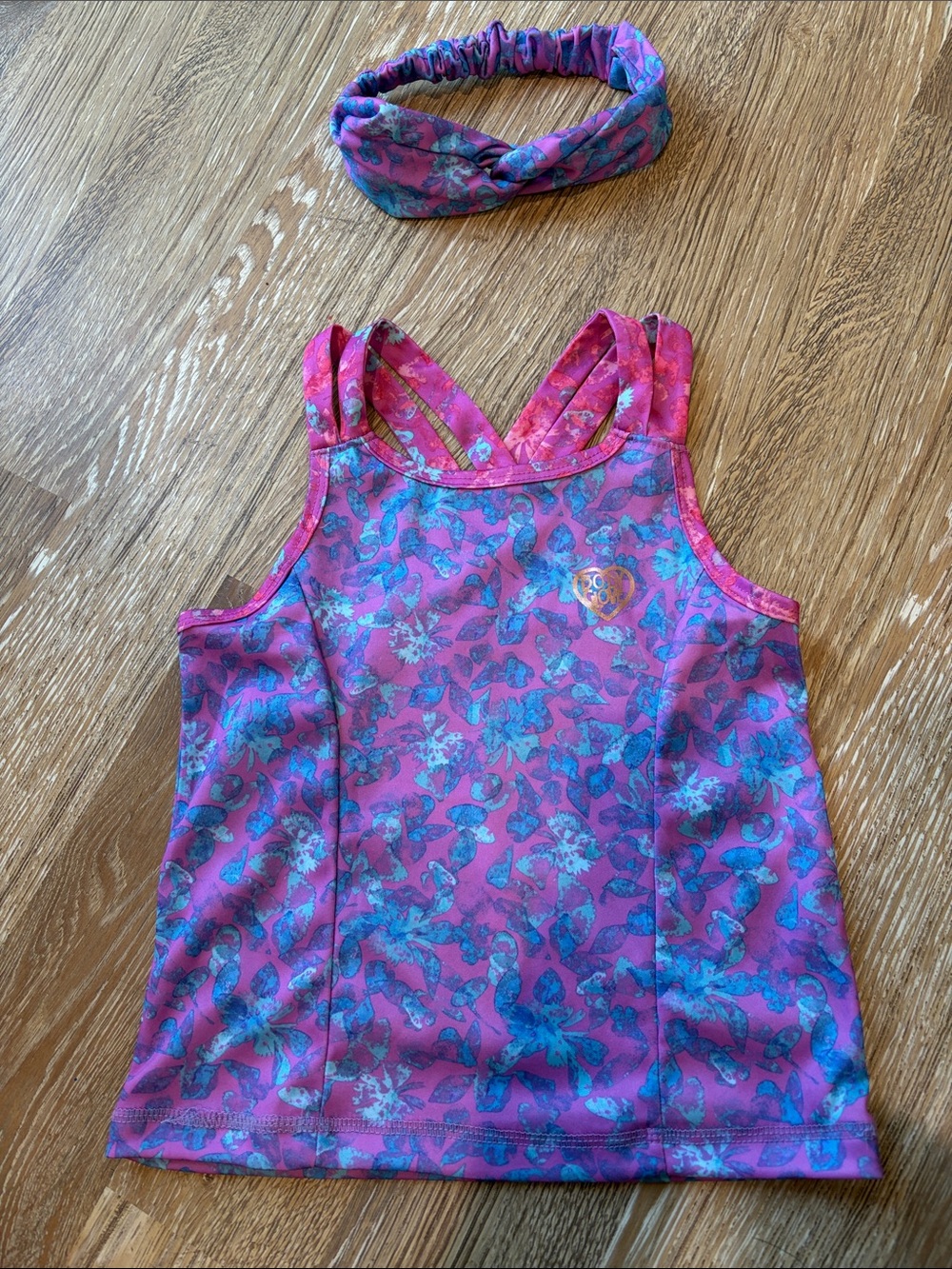 Body Glove Girls Pink & Blue Floral Athletic Tank Top with Matching Headband
